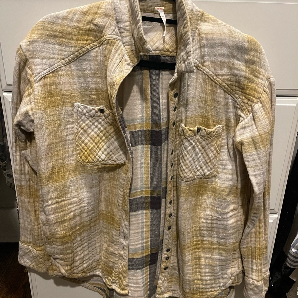 Free People Flannel Yellow and Gray Button Down Shirt